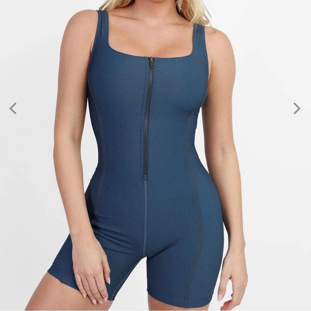New Women’s Popilush Denim Square Neck Zip Front Sculpting Romper XXL